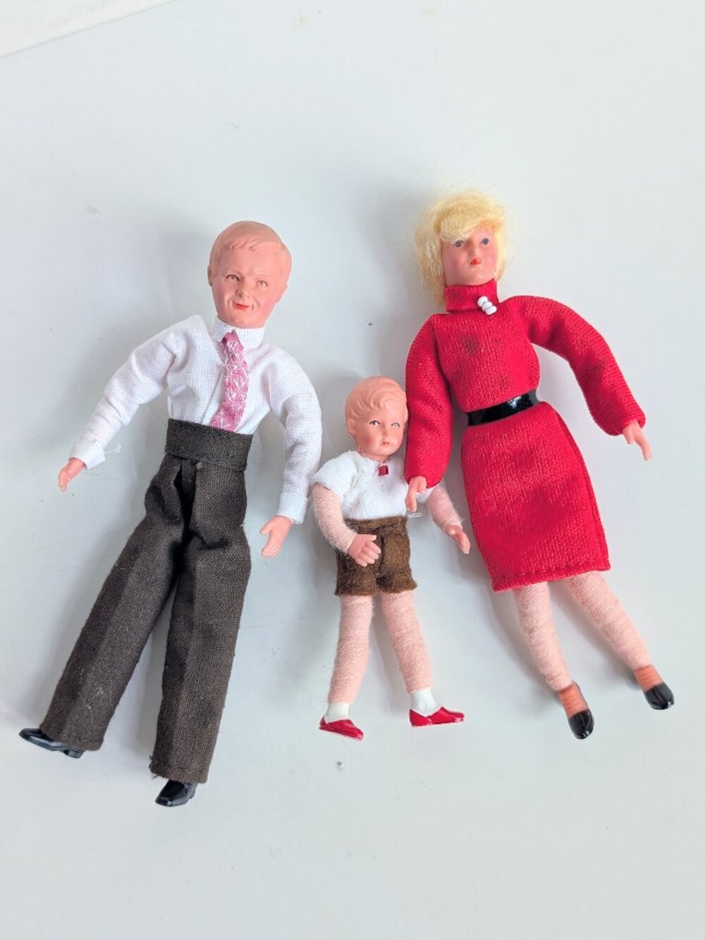 Lot of 3 Vtg Flexible Doll Family Father Mother Son German Caco Miniature Dolls